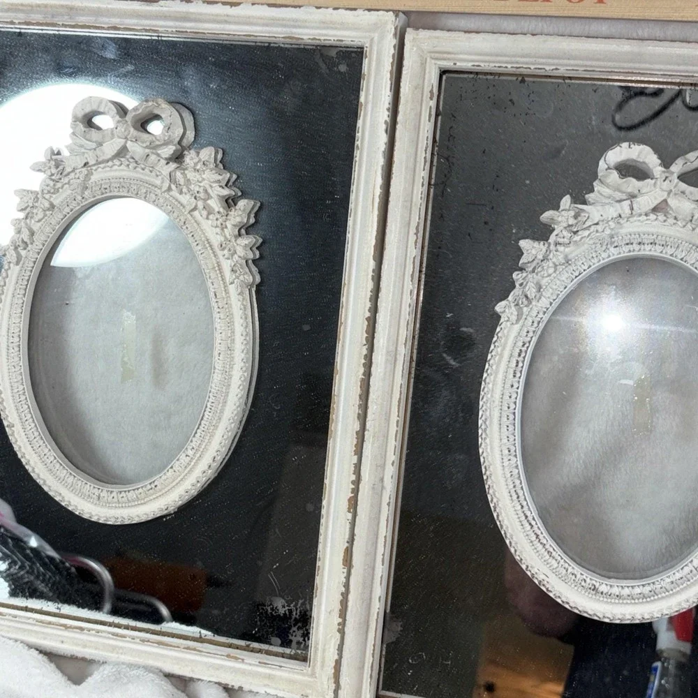 Vintage 70 Shabby Chic Mirror Frame Pair French Country Oval Ribbon Aged Patina